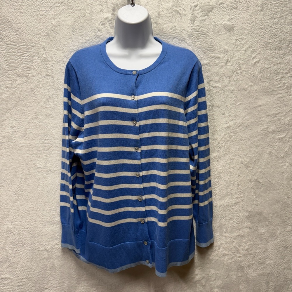 Lands' End Cardigan Thin Sweater Womens 1X Blue Striped Supima Cotton Coastal
